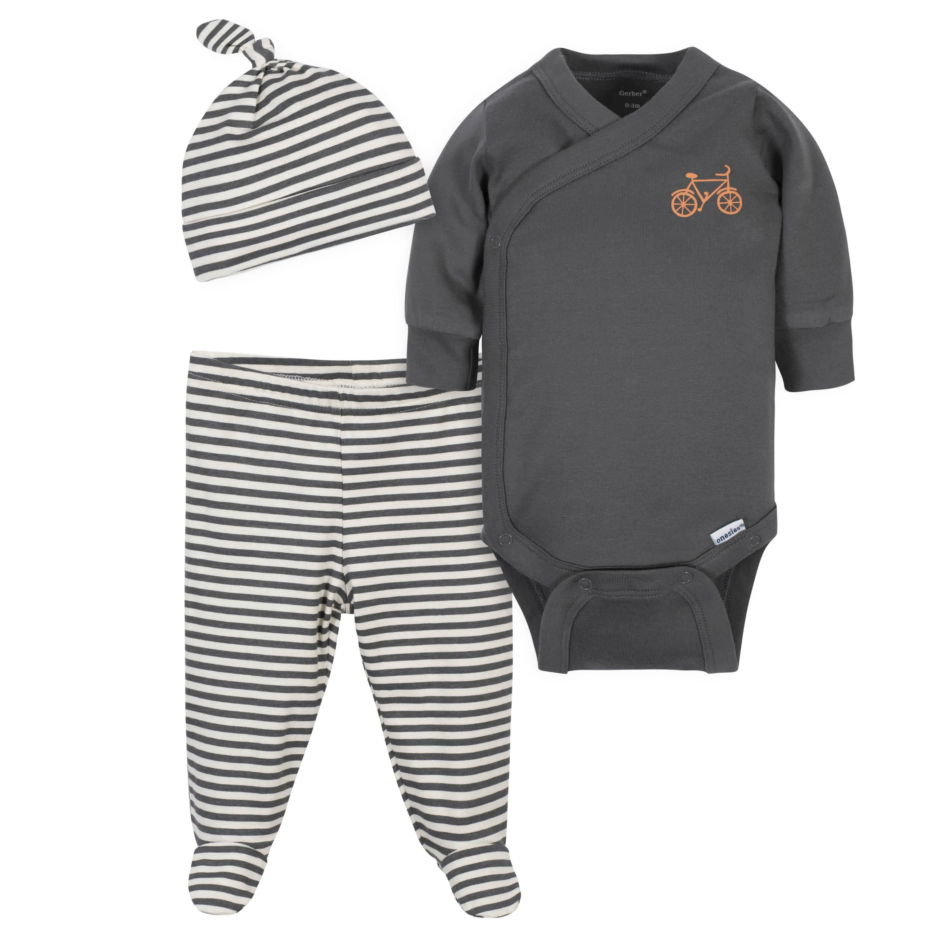 3-Piece Baby Boys Comfy Stretch Bicycle Onesies® Bodysuit, Footed Pant and Cap Set