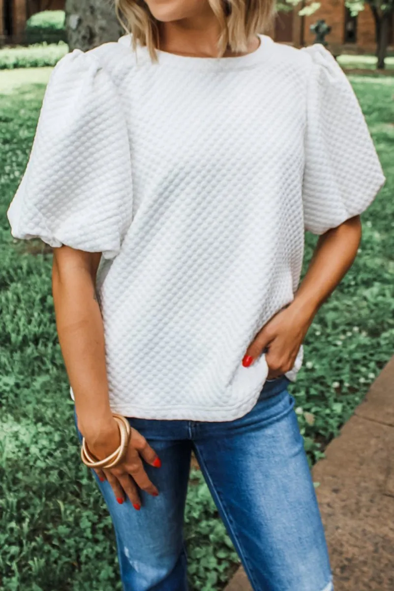 #70 White Solid Textured O Neck Puff Sleeve Blouse