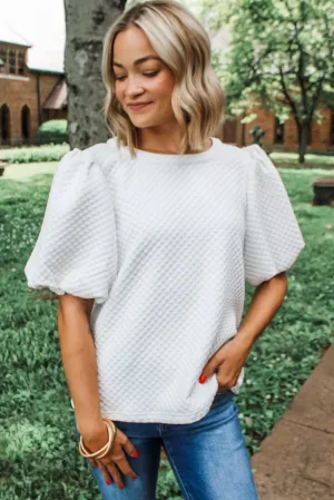 #70 White Solid Textured O Neck Puff Sleeve Blouse