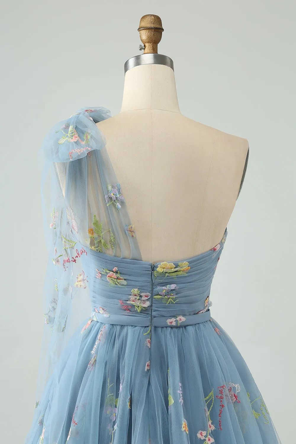 A Line One Shoulder Grey Blue Tulle Homecoming Dress with Floral Embroidery