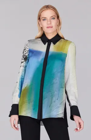 Abstract Landscape Collared Blouse w/ Relaxed Sleeve