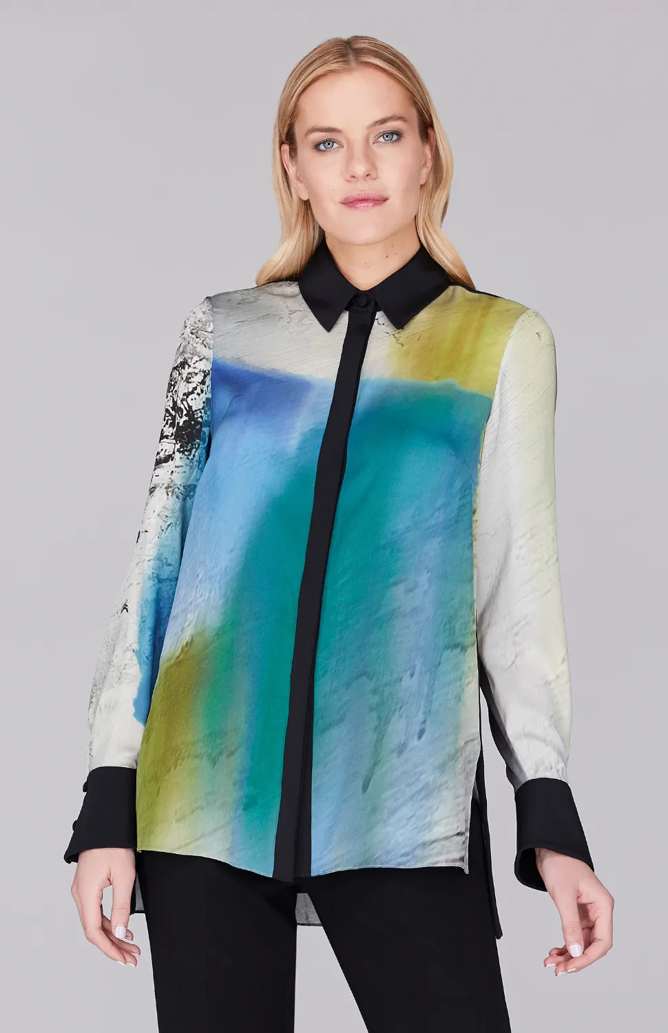 Abstract Landscape Collared Blouse w/ Relaxed Sleeve