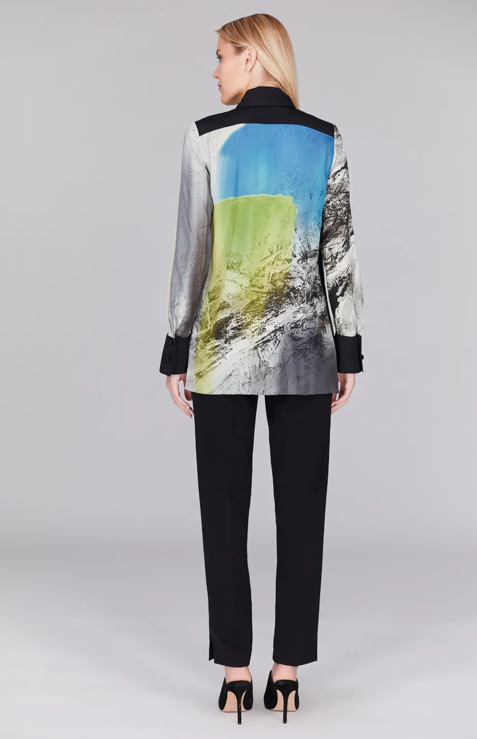 Abstract Landscape Collared Blouse w/ Relaxed Sleeve