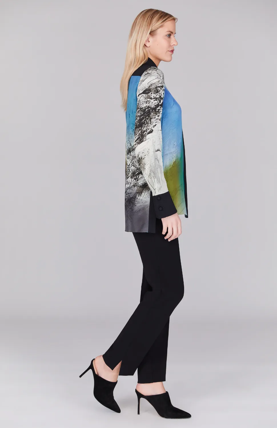 Abstract Landscape Collared Blouse w/ Relaxed Sleeve