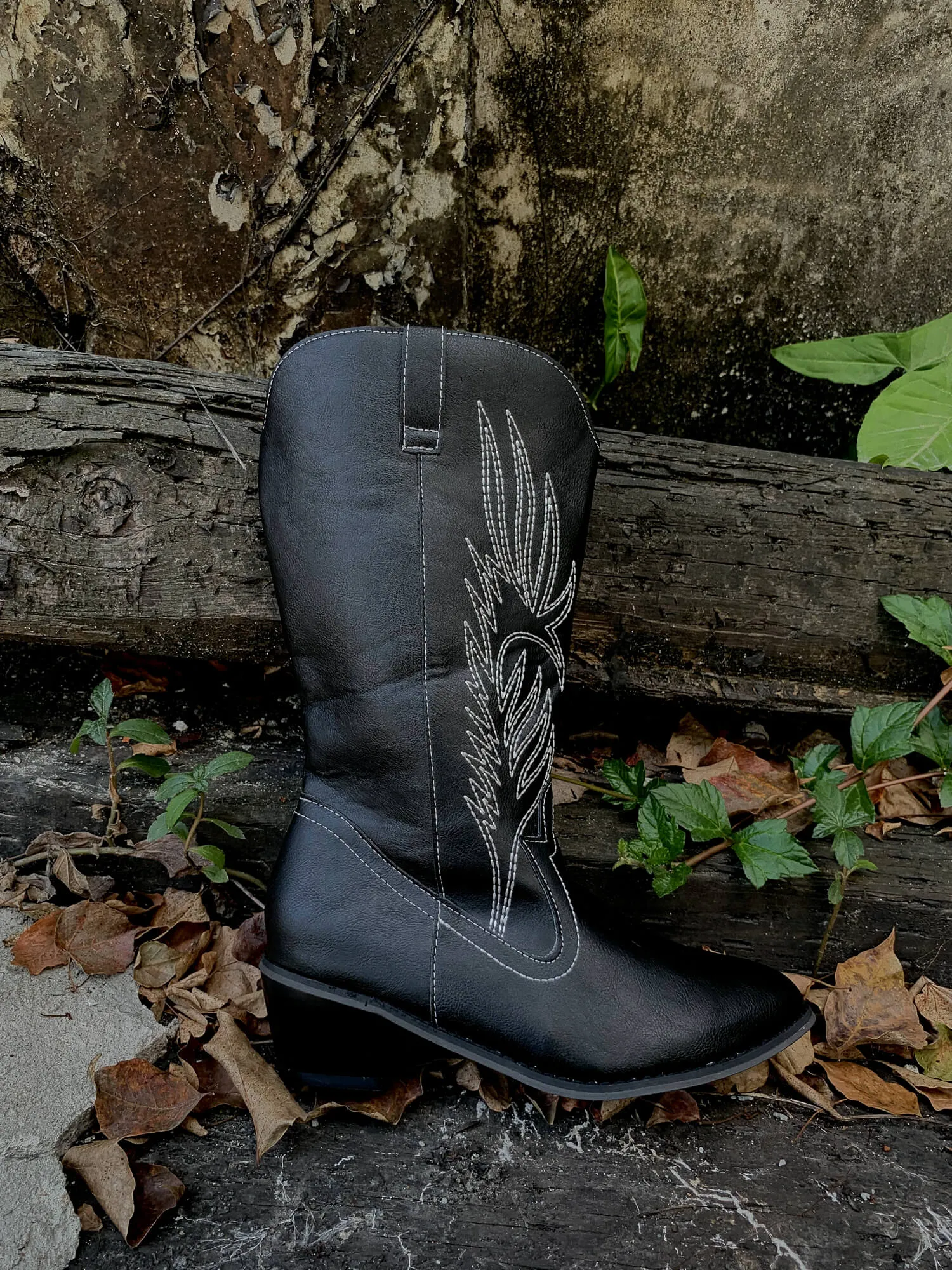 Angel Wing Embroidered Cowboy Heel Knee Boots - Black