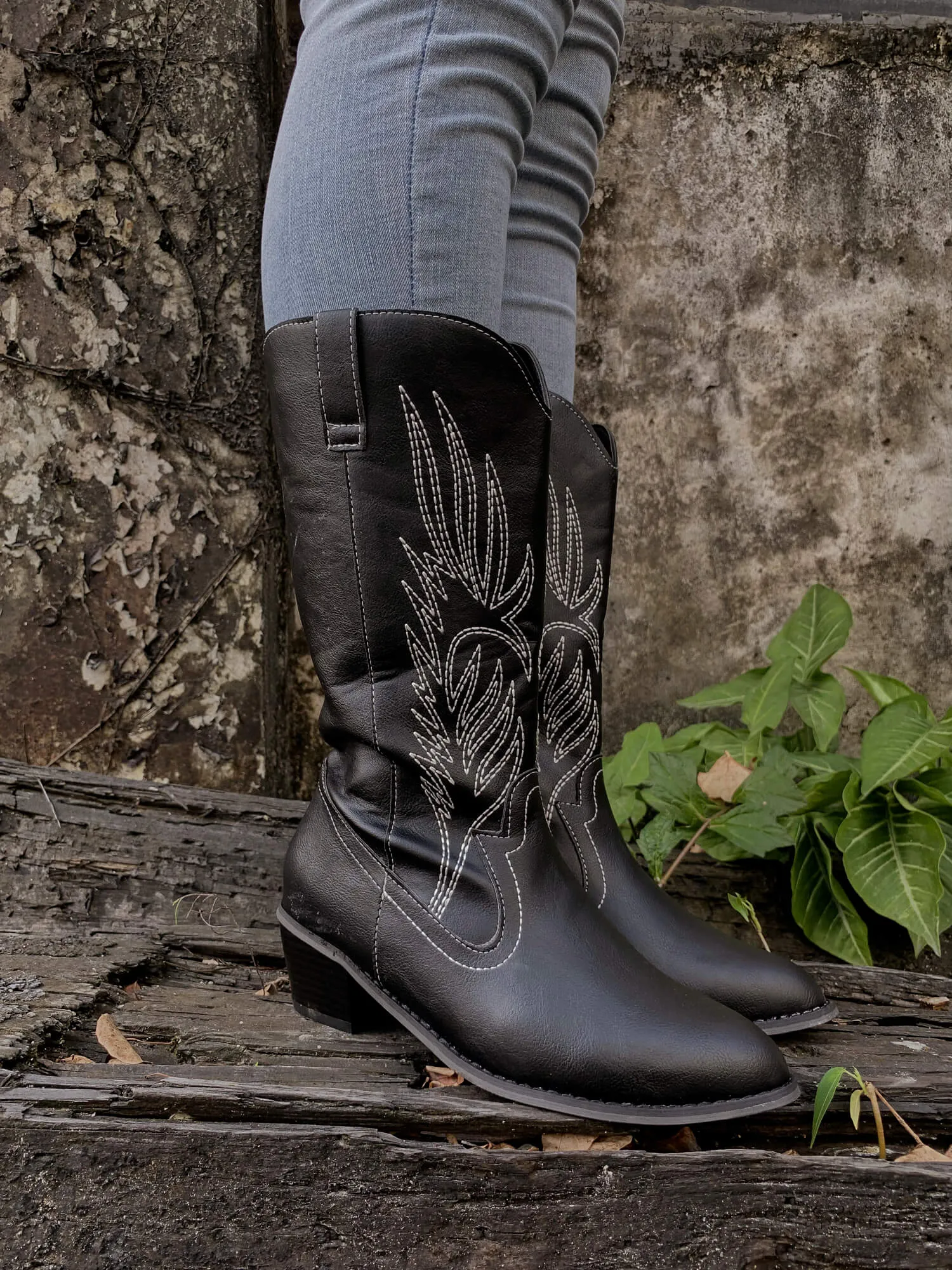 Angel Wing Embroidered Cowboy Heel Knee Boots - Black