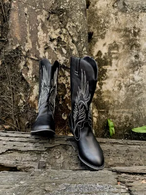 Angel Wing Embroidered Cowboy Heel Knee Boots - Black
