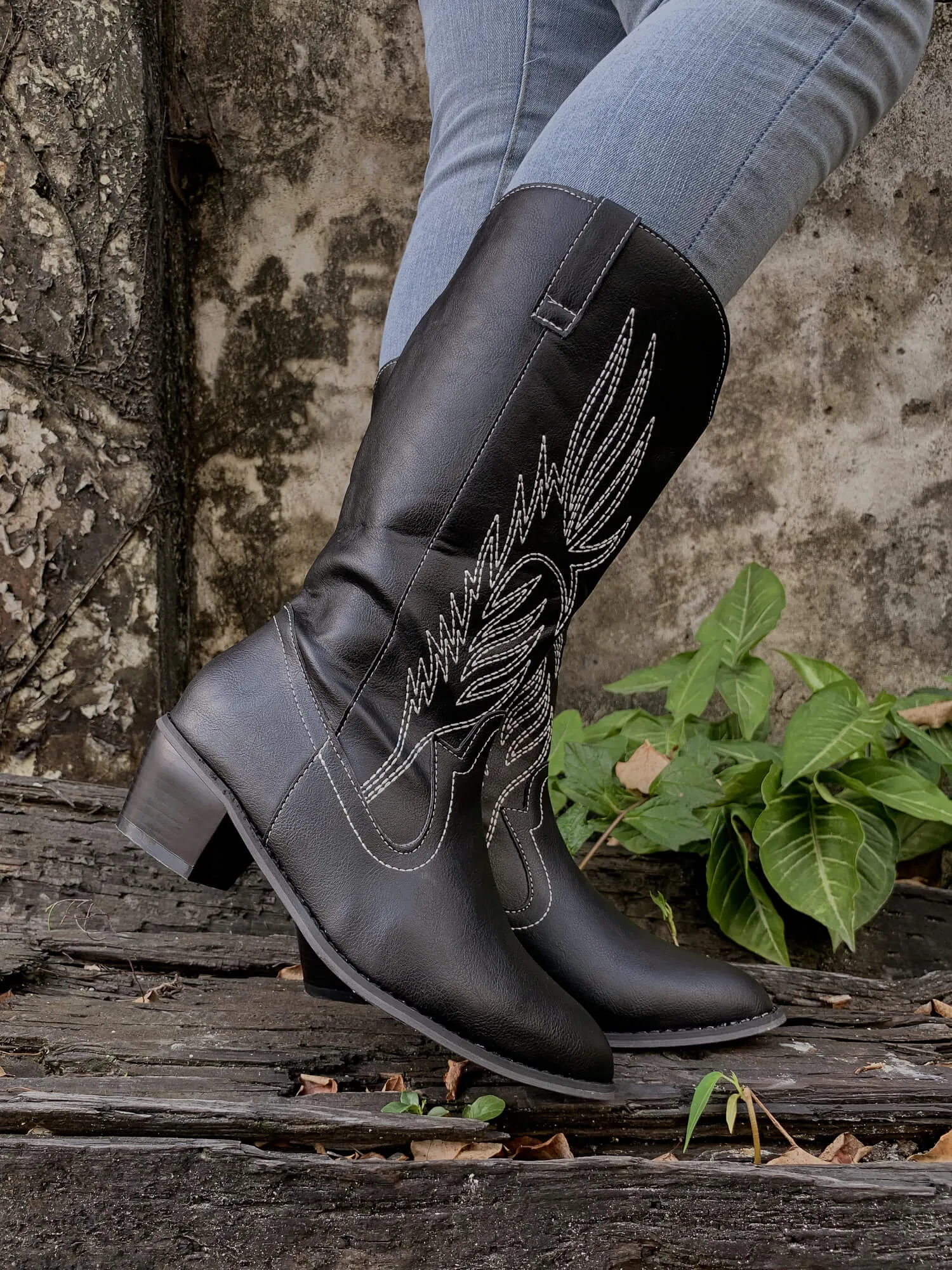 Angel Wing Embroidered Cowboy Heel Knee Boots - Black