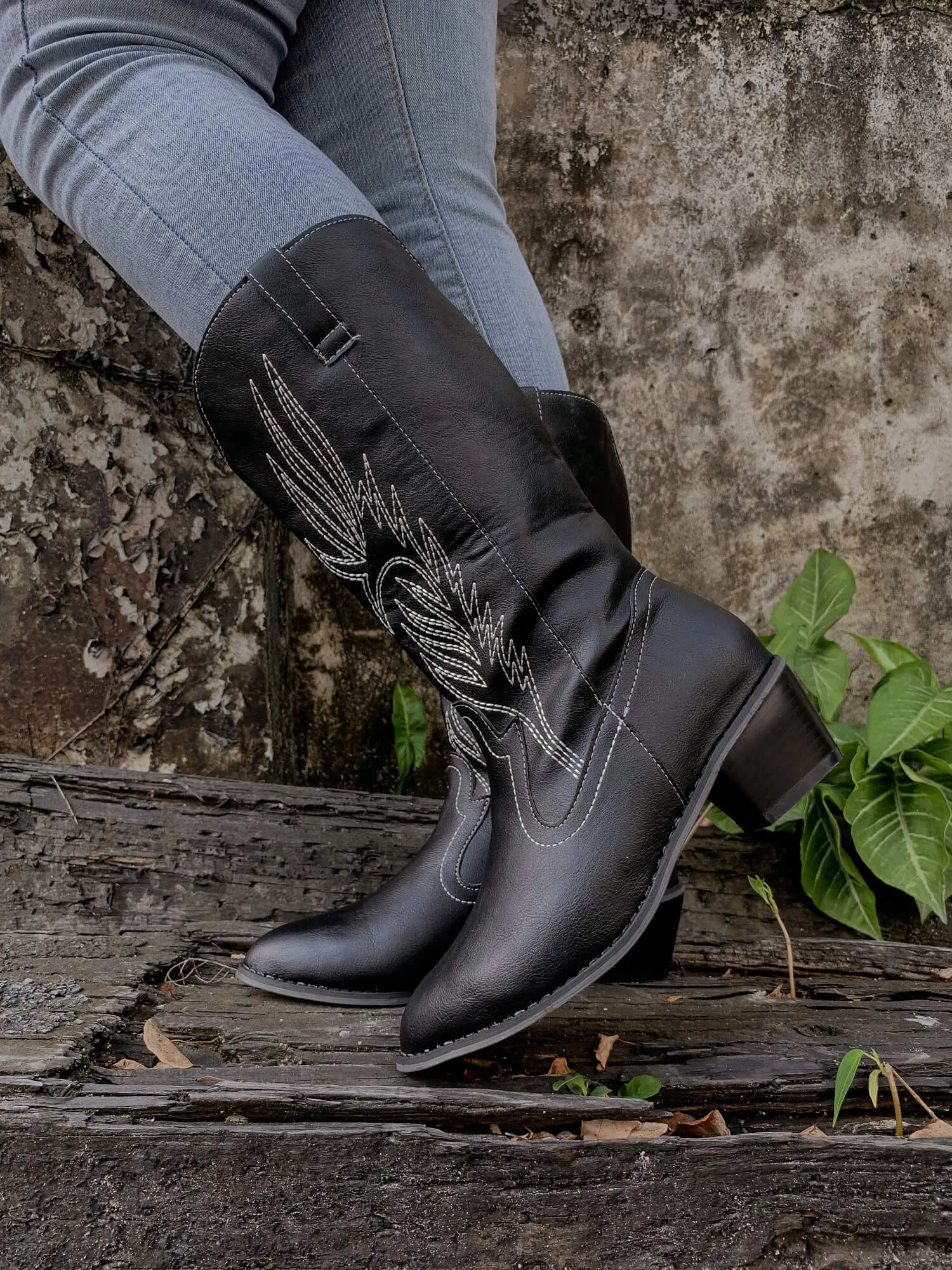 Angel Wing Embroidered Cowboy Heel Knee Boots - Black
