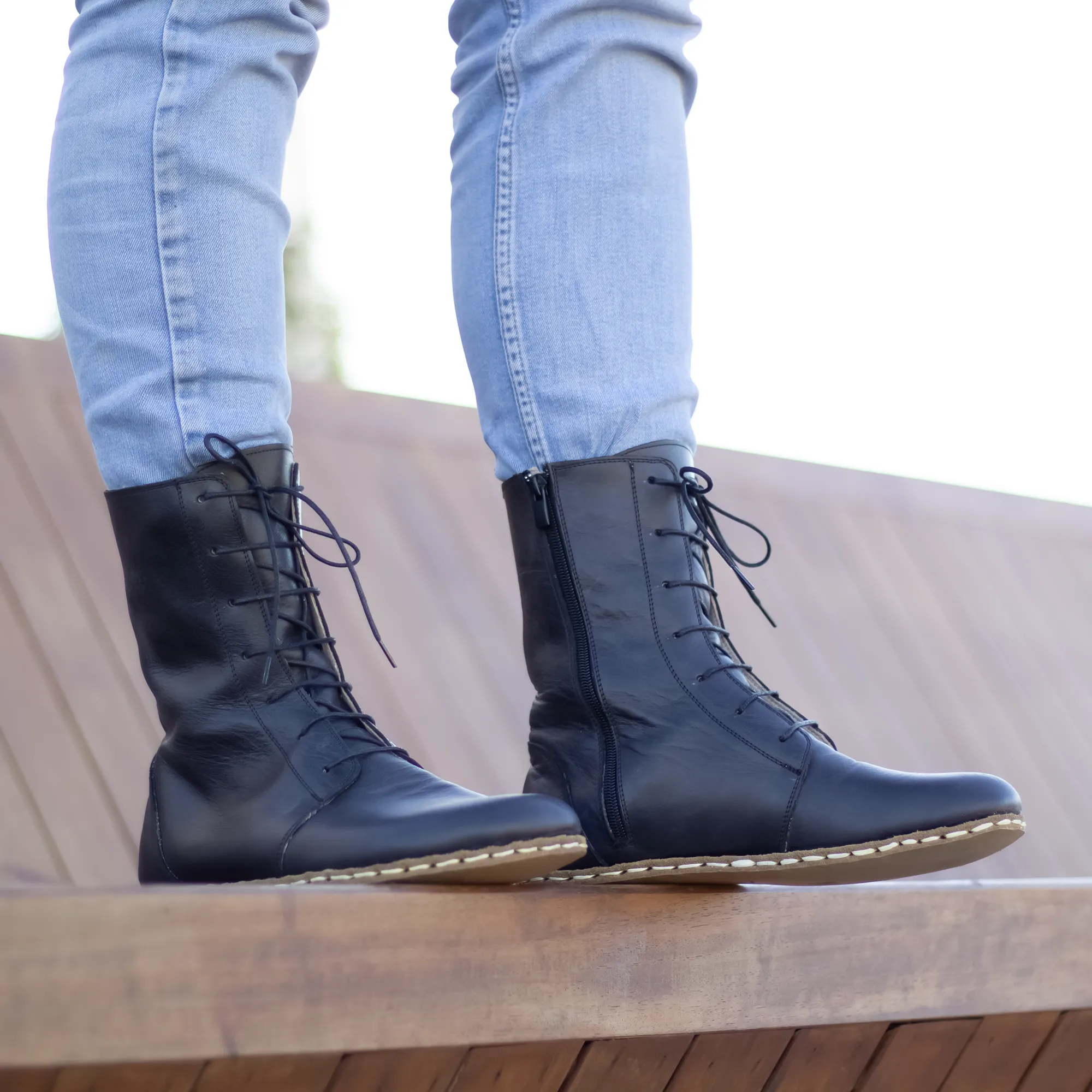 Barefoot Leather Lace-up Black Boots for Men