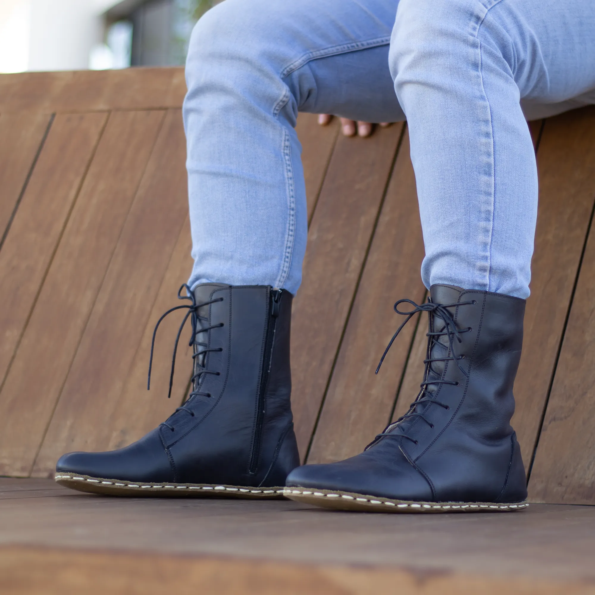 Barefoot Leather Lace-up Black Boots for Men