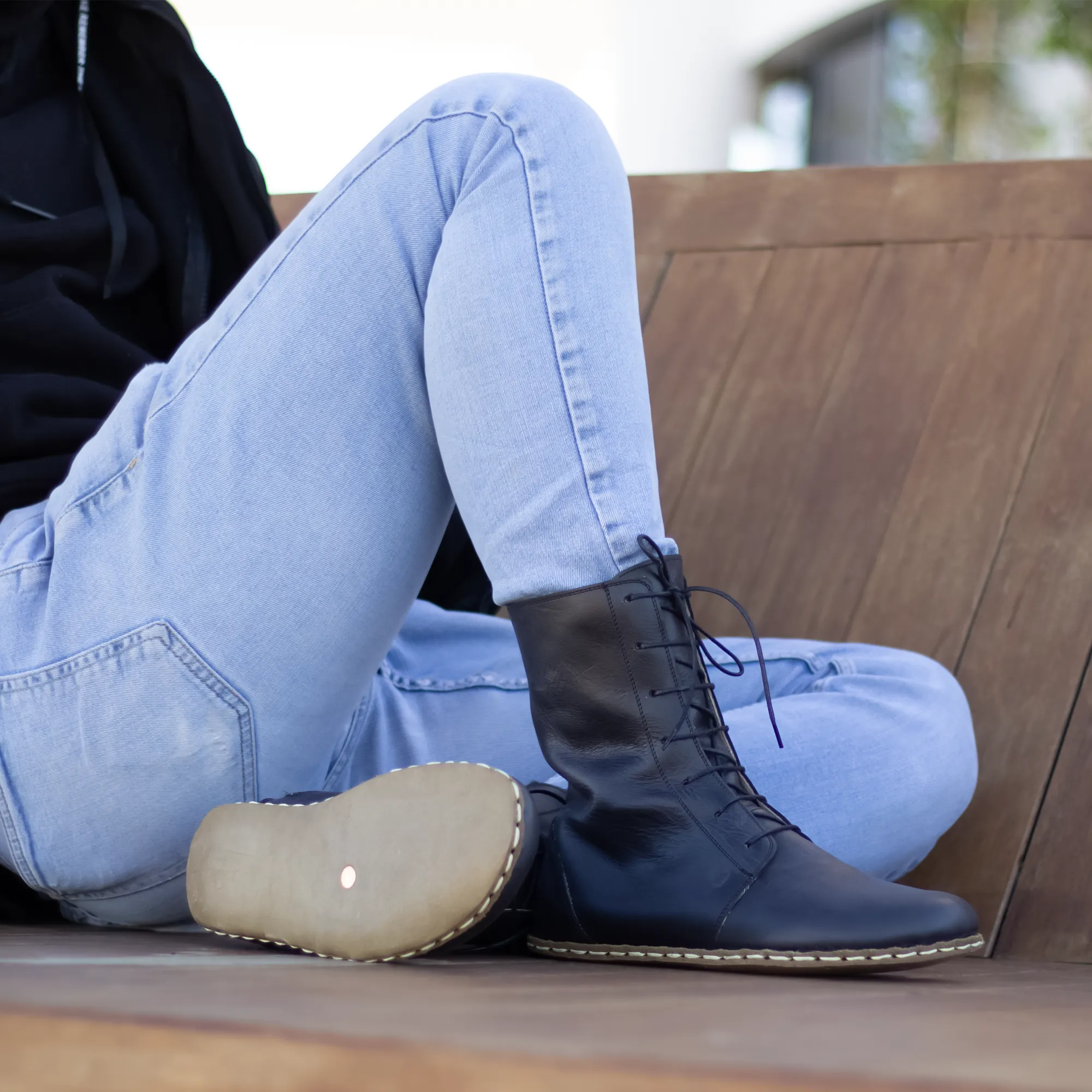Barefoot Leather Lace-up Black Boots for Men