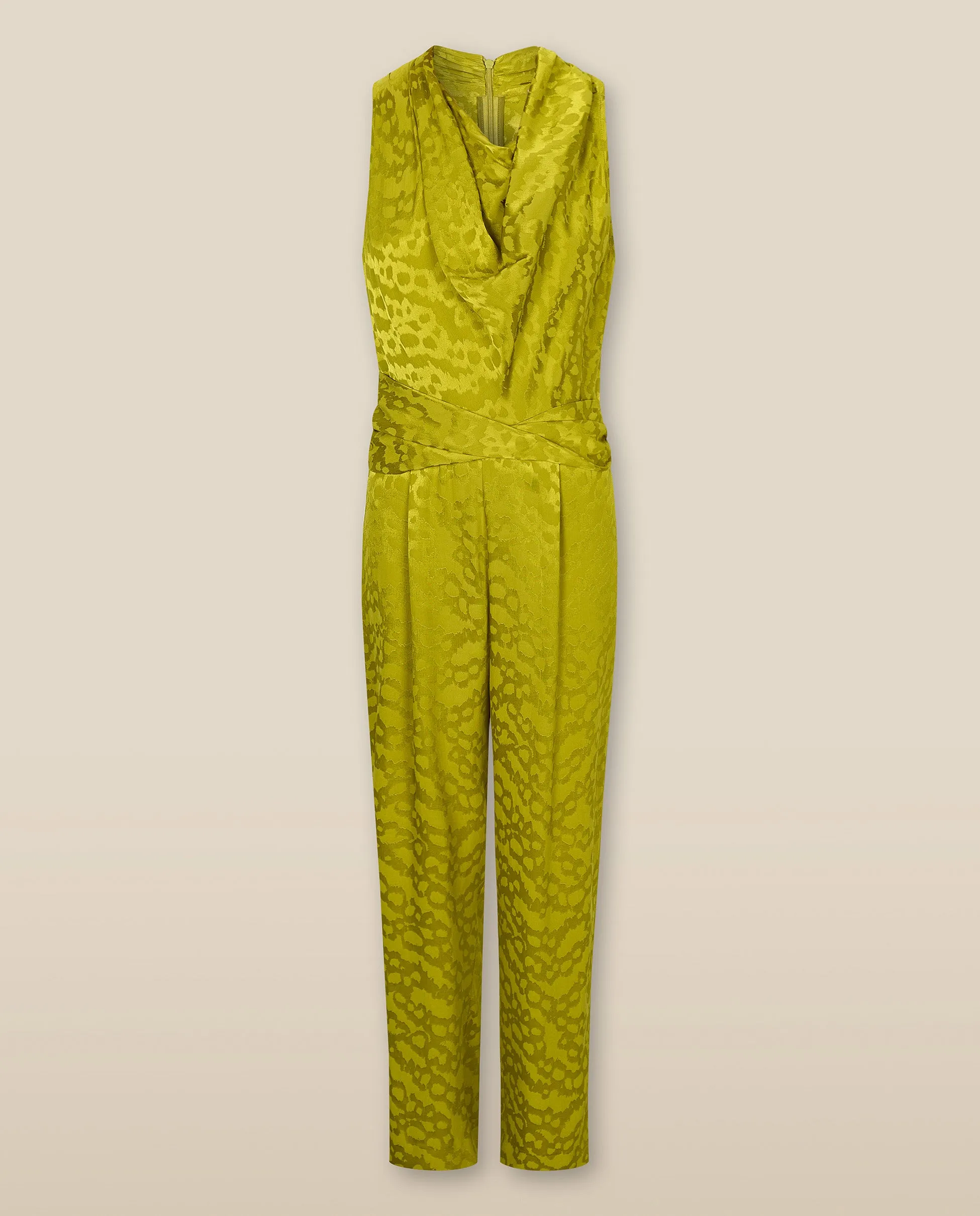 BHAKTI | Chartreuse Yellow Jacquard Leopard Print Sleeveless Jumpsuit
