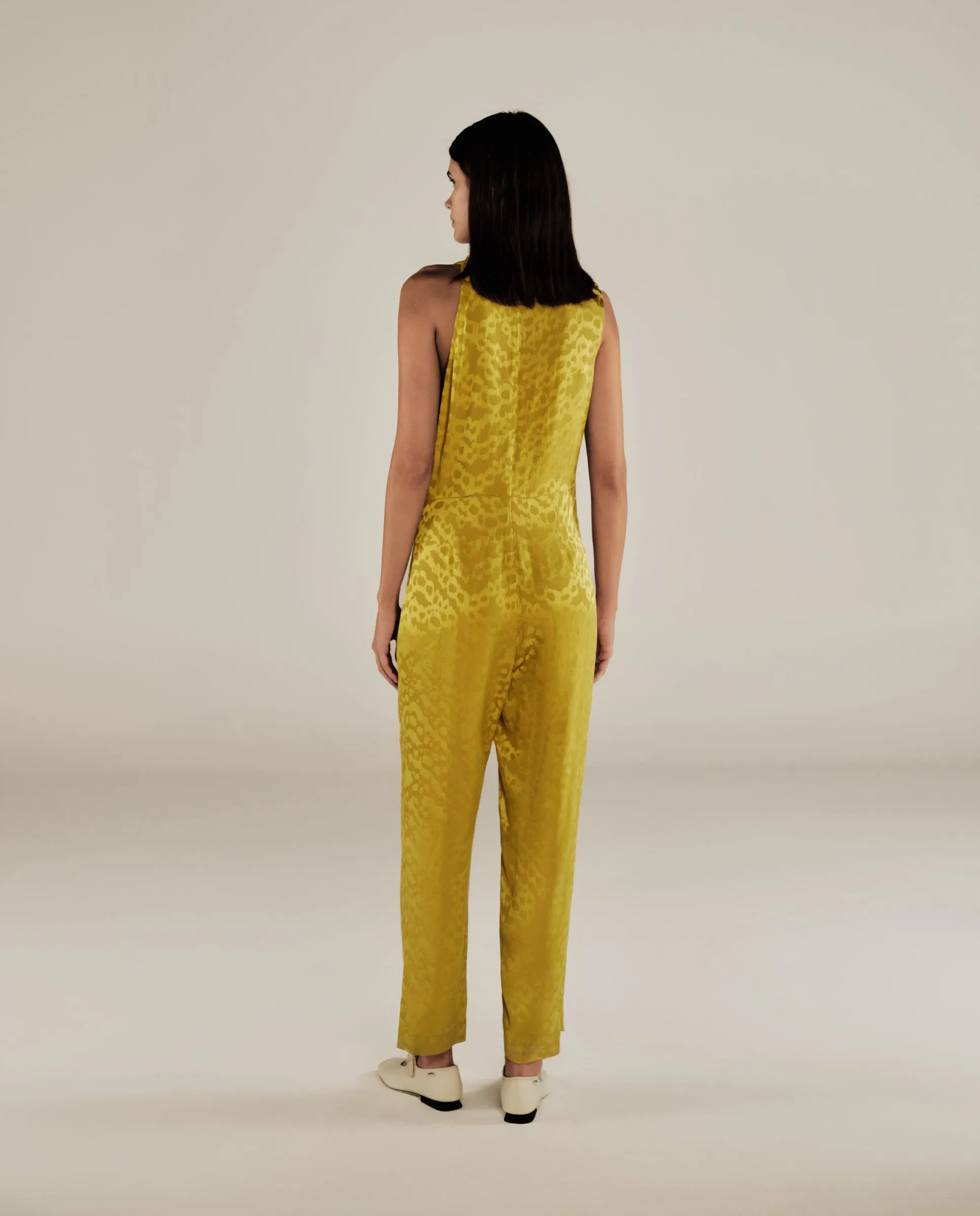 BHAKTI | Chartreuse Yellow Jacquard Leopard Print Sleeveless Jumpsuit
