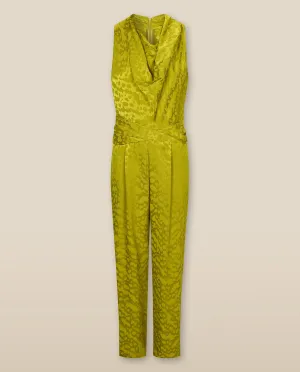 BHAKTI | Chartreuse Yellow Jacquard Leopard Print Sleeveless Jumpsuit