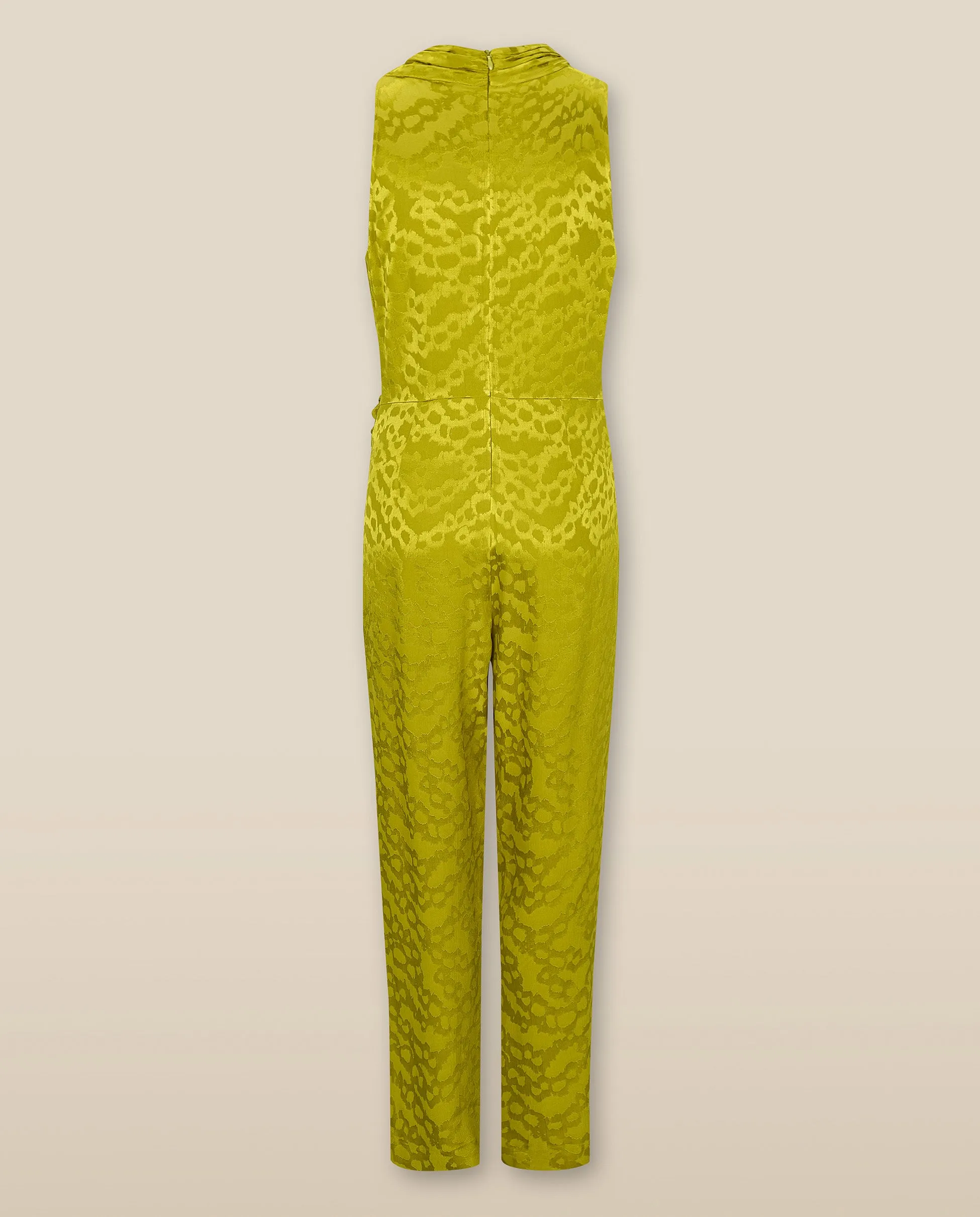 BHAKTI | Chartreuse Yellow Jacquard Leopard Print Sleeveless Jumpsuit