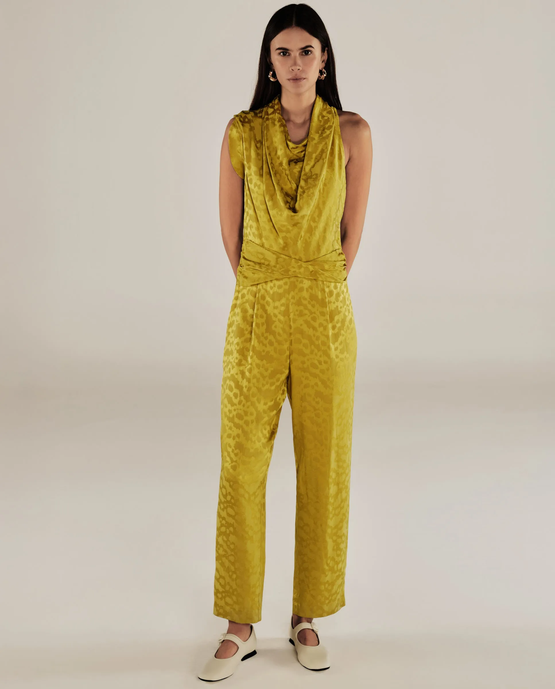 BHAKTI | Chartreuse Yellow Jacquard Leopard Print Sleeveless Jumpsuit