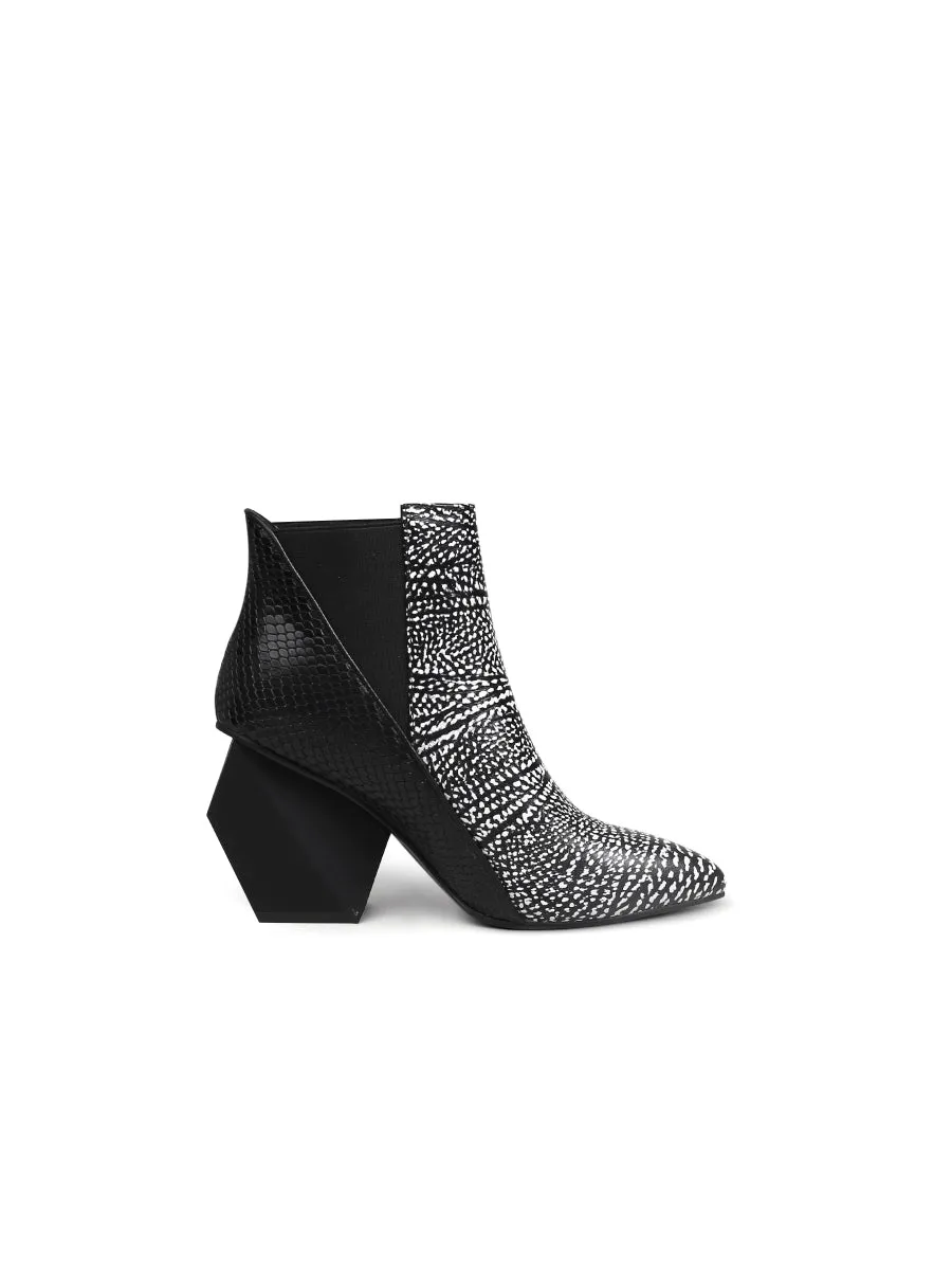 Black White Sketch Printed Geometry Heel Leather Mid Heel Ankle Boots