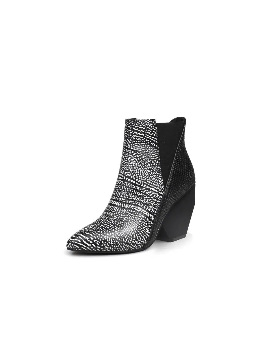 Black White Sketch Printed Geometry Heel Leather Mid Heel Ankle Boots