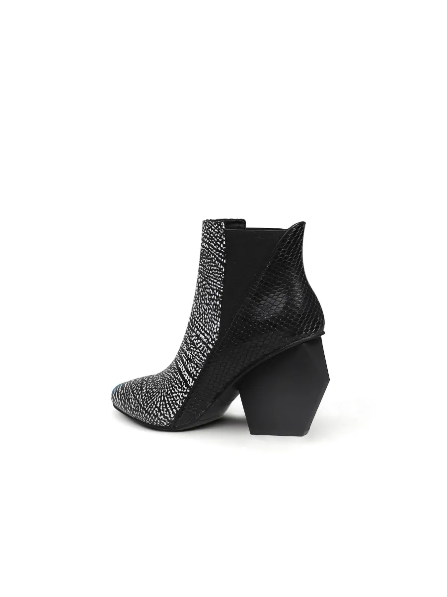 Black White Sketch Printed Geometry Heel Leather Mid Heel Ankle Boots