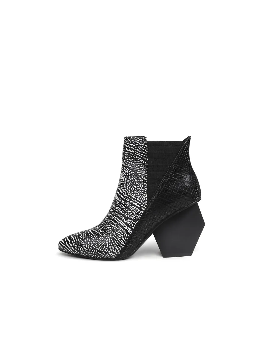 Black White Sketch Printed Geometry Heel Leather Mid Heel Ankle Boots