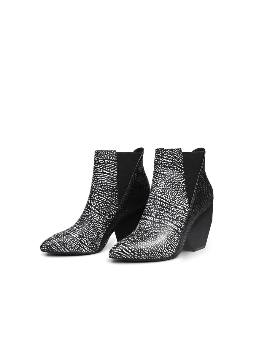 Black White Sketch Printed Geometry Heel Leather Mid Heel Ankle Boots