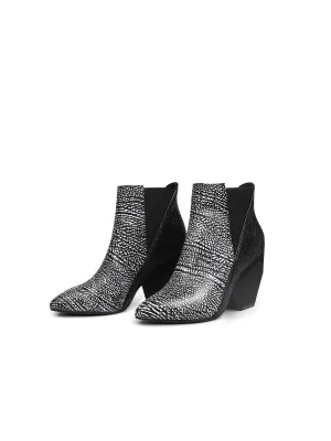 Black White Sketch Printed Geometry Heel Leather Mid Heel Ankle Boots