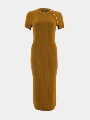 Camel Button-Embellished Midi Dress