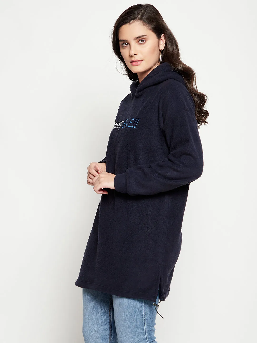 Camla Barcelona Typography Navy Blue Hooded Longline Sweatshirt