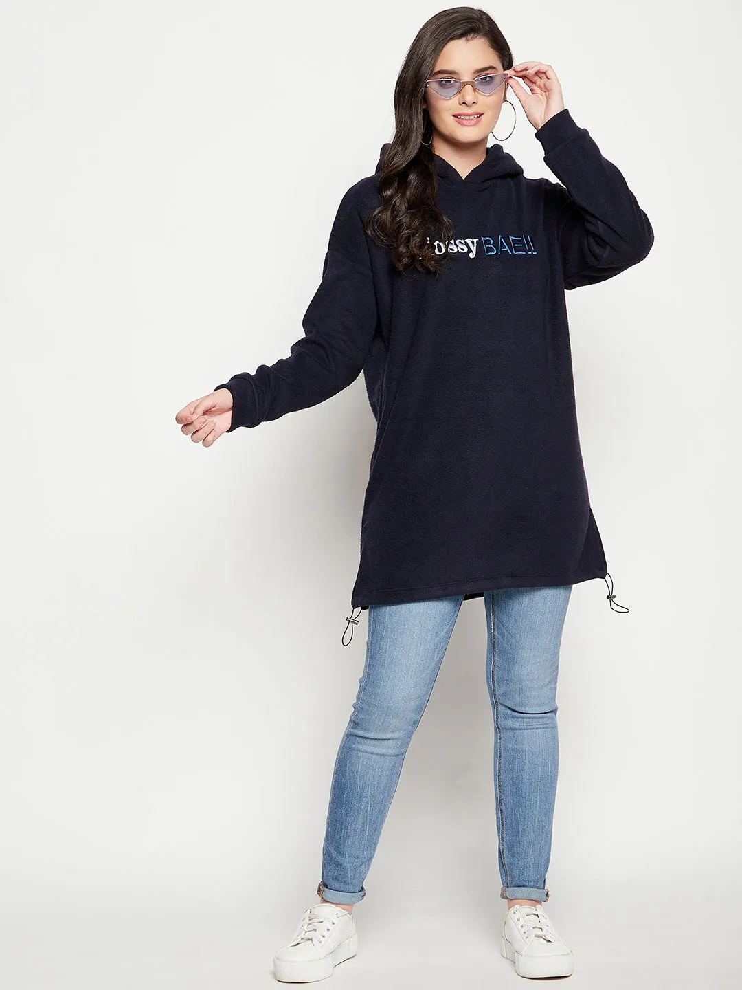 Camla Barcelona Typography Navy Blue Hooded Longline Sweatshirt