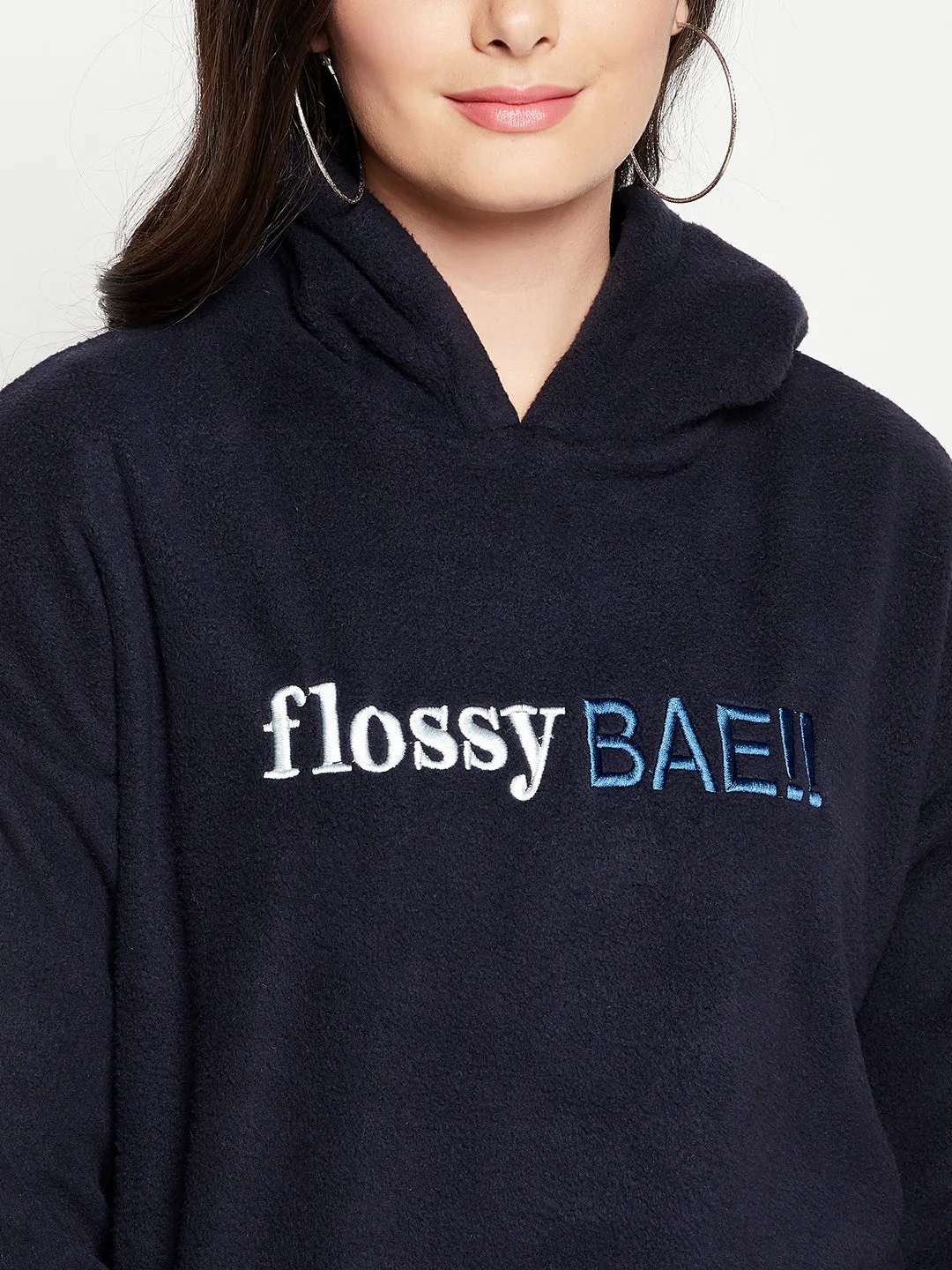 Camla Barcelona Typography Navy Blue Hooded Longline Sweatshirt