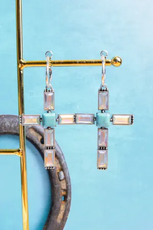 Crystal Cross Silvertone and Turquoise Earrings
