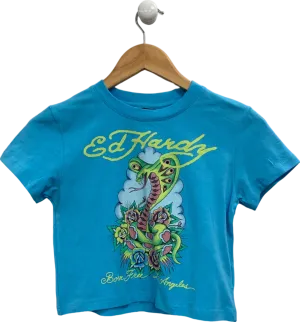 Ed Hardy Blue LA-Cobra Graphic Baby Crop Tee UK S