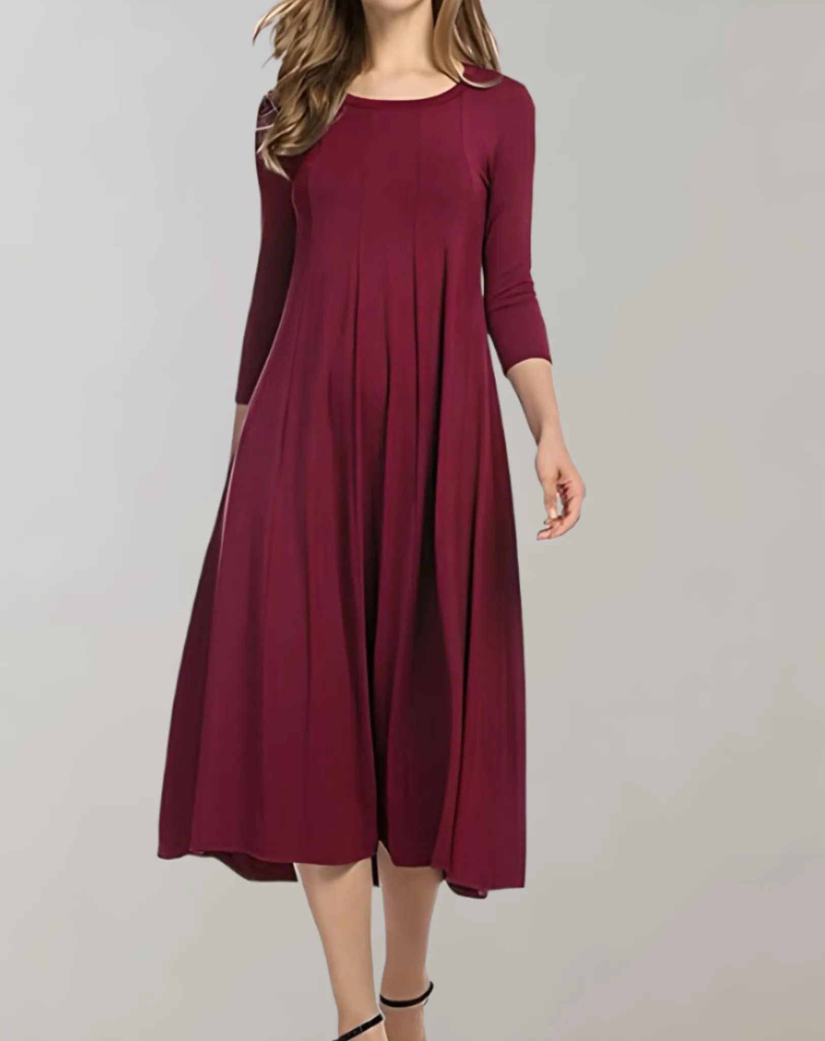 Elegant A-Line Midi Dress | 3/4 Sleeve Flowing Fit