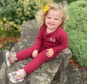 Embroidered Ribbed Maroon Lounge Set