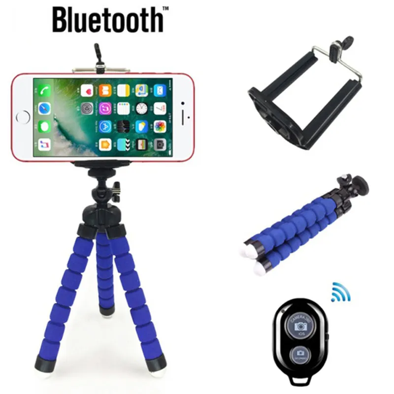 Flexible Portable Adjustable Tripod Mini Universal Octopus Leg Style Bluetooth Selfie Stick  blue_With Bluetooth remote control