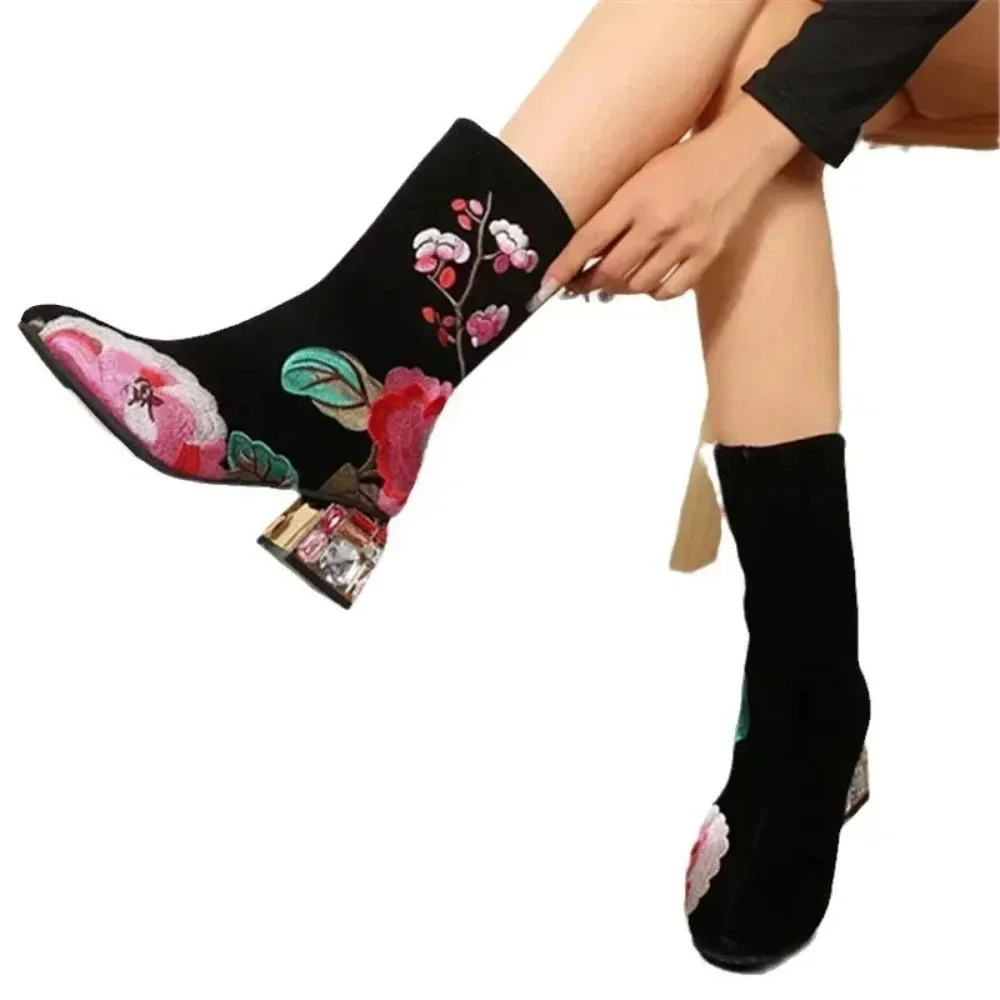 Floral Embroidered Ankle Boots