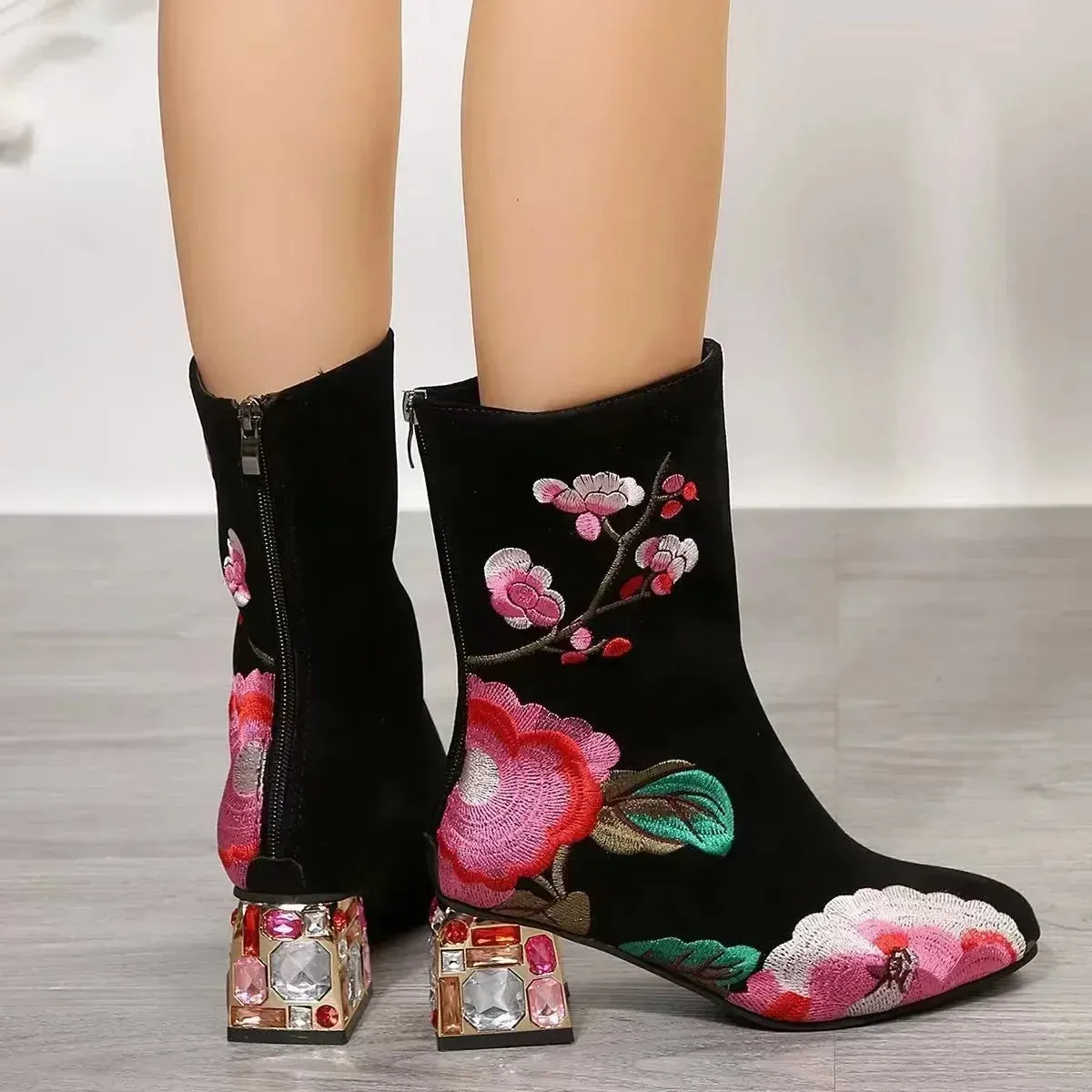 Floral Embroidered Ankle Boots