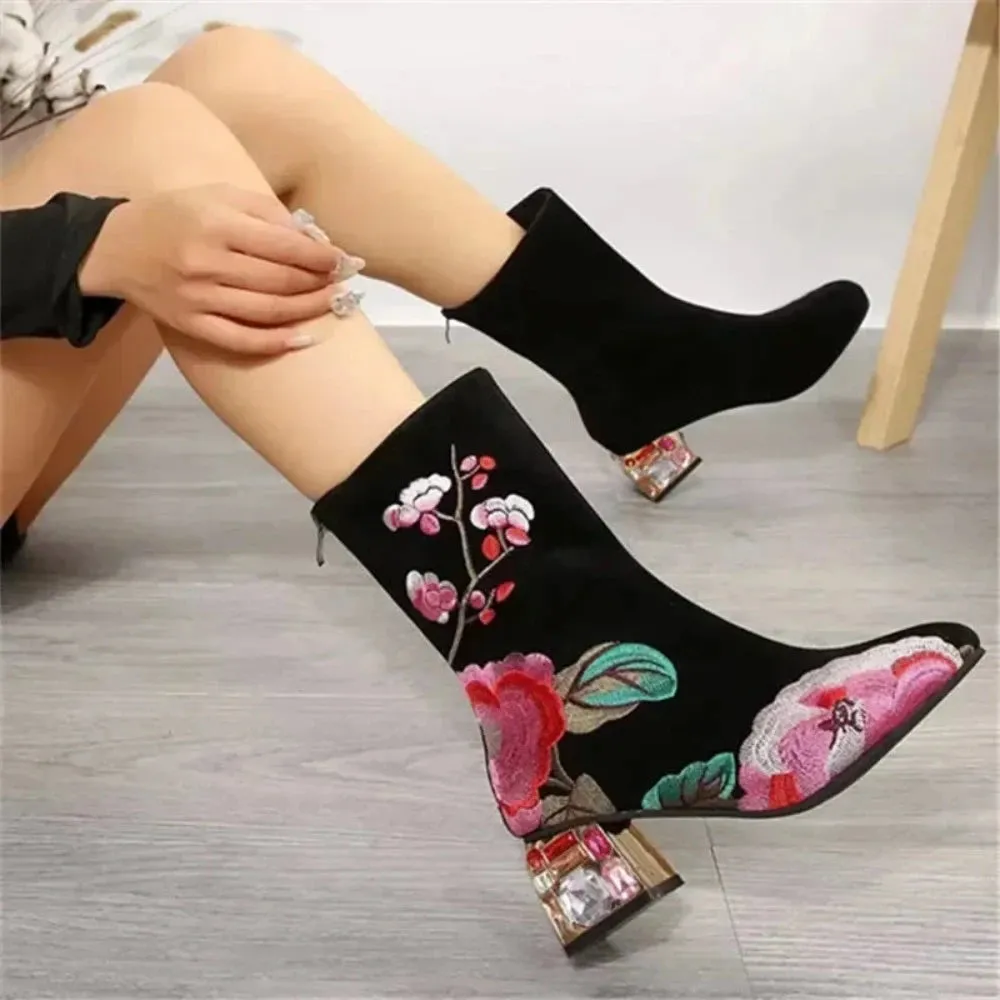 Floral Embroidered Ankle Boots