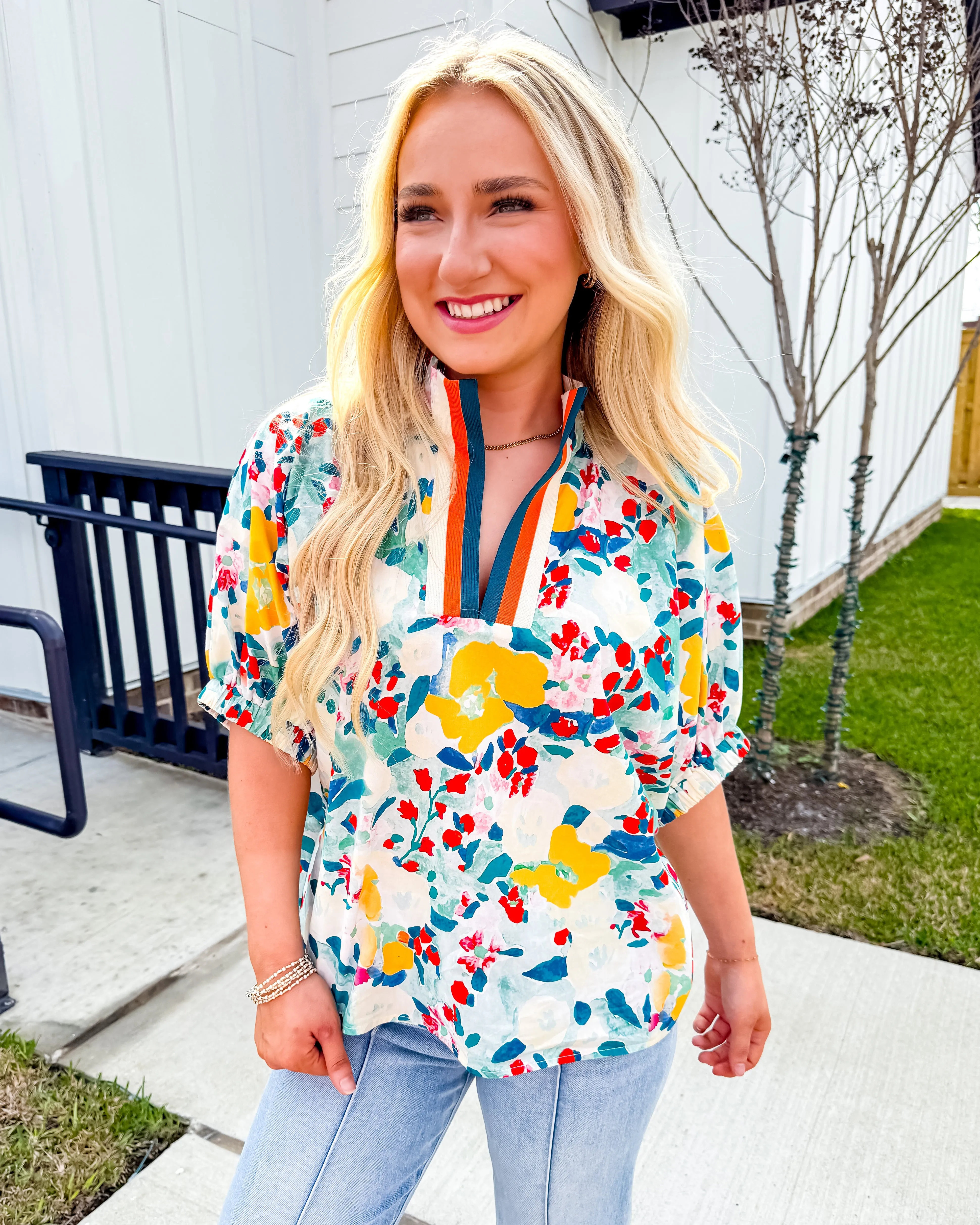 Floral Print Dolman Sleeve Top With Multicolor Collar