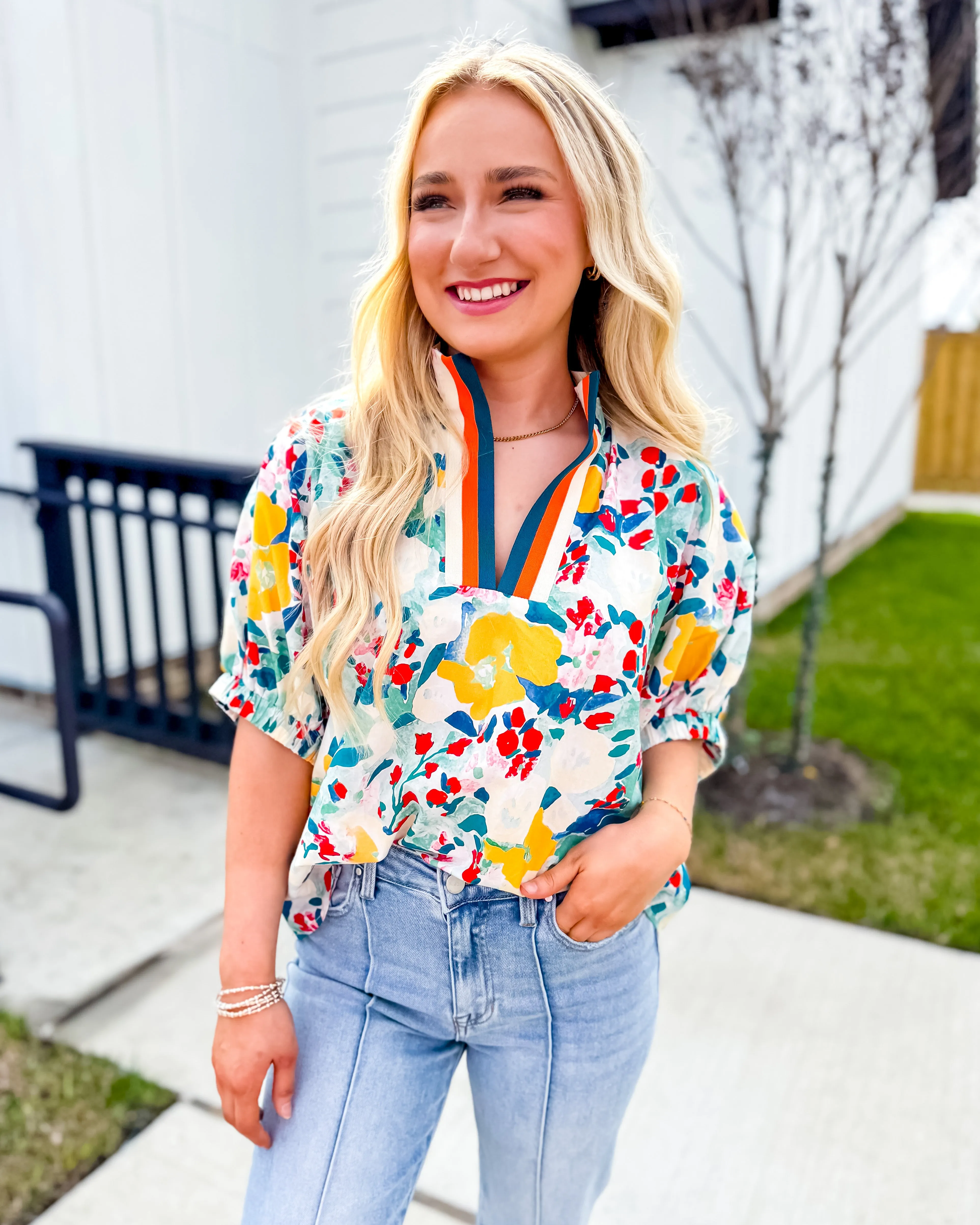 Floral Print Dolman Sleeve Top With Multicolor Collar