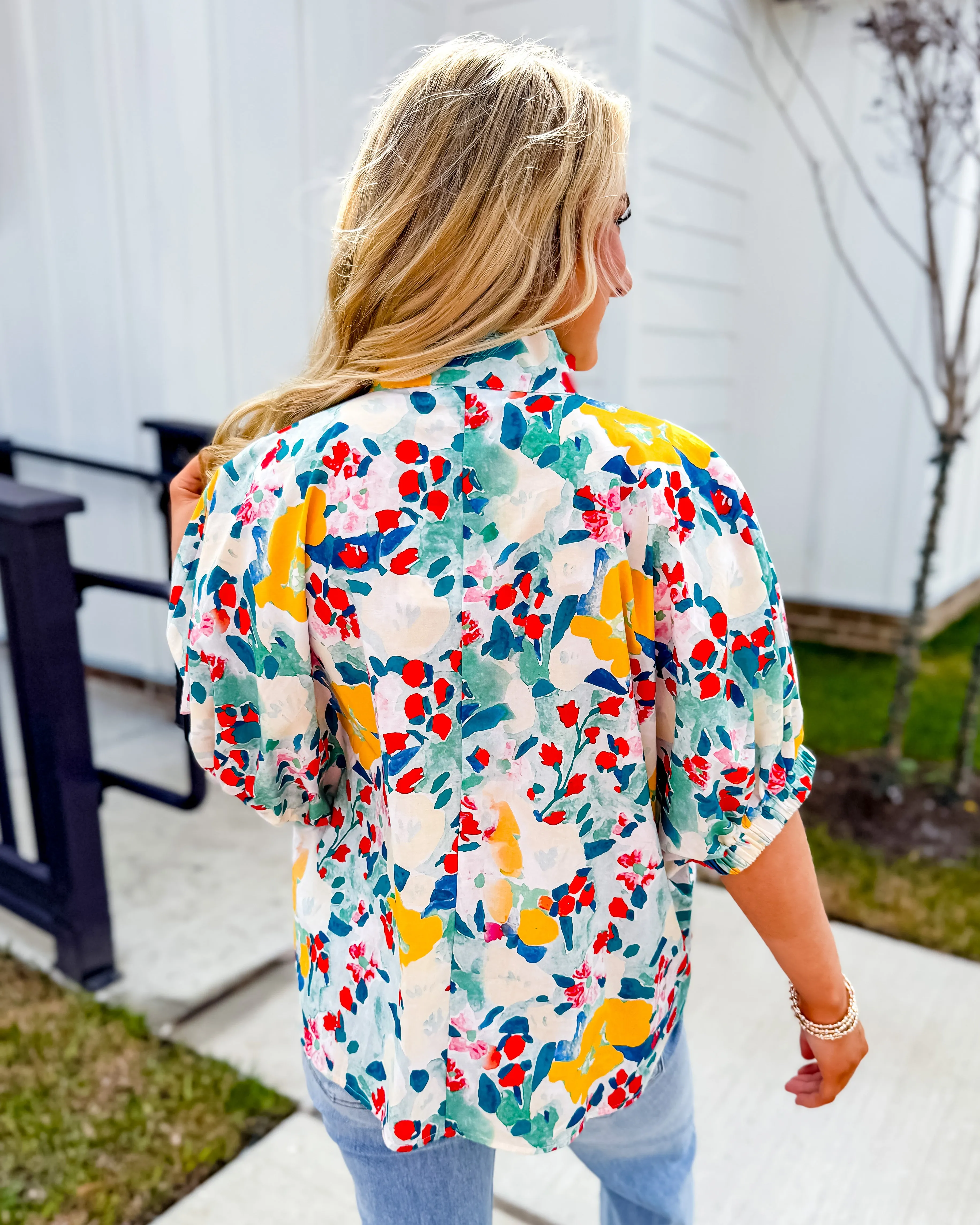 Floral Print Dolman Sleeve Top With Multicolor Collar