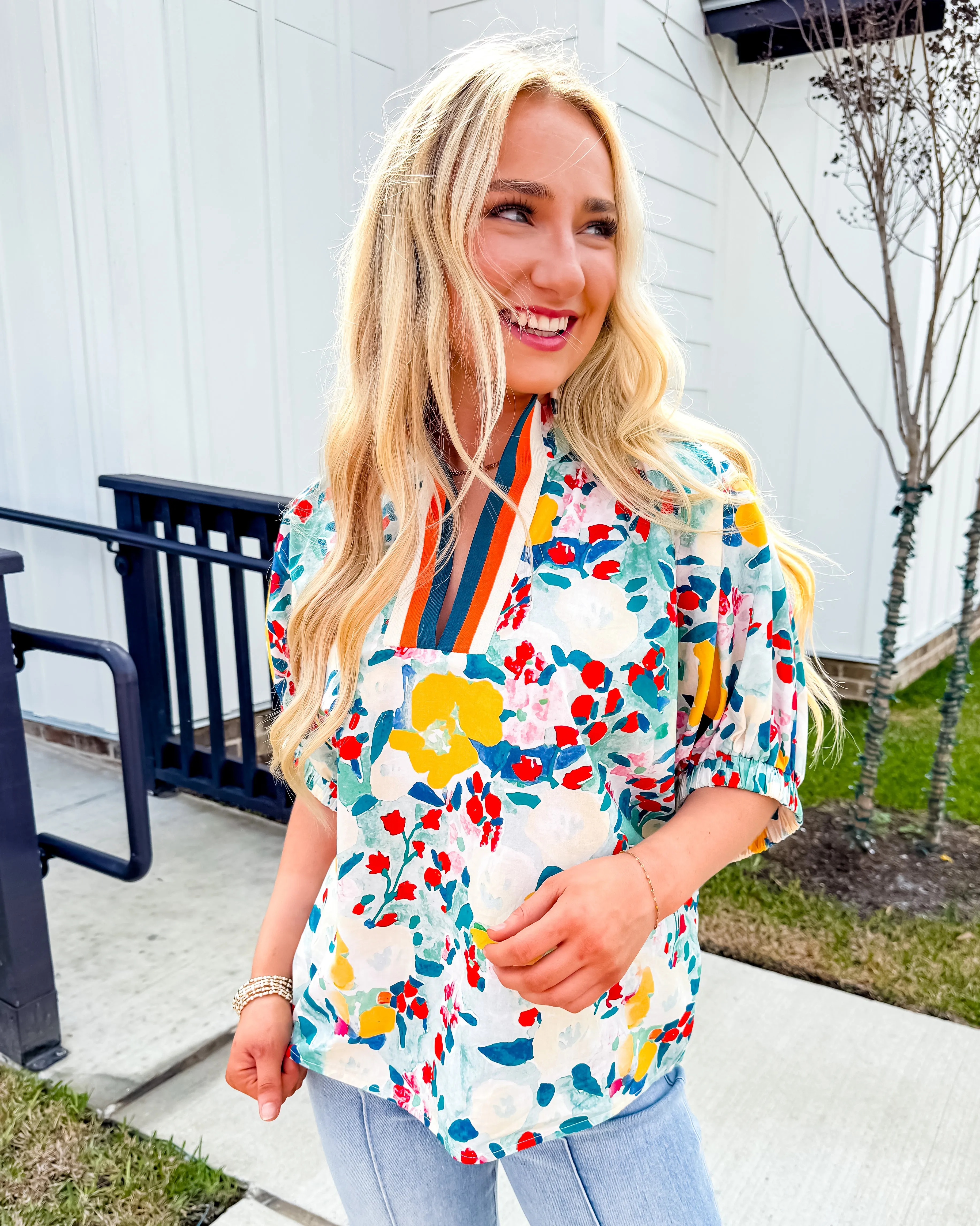 Floral Print Dolman Sleeve Top With Multicolor Collar