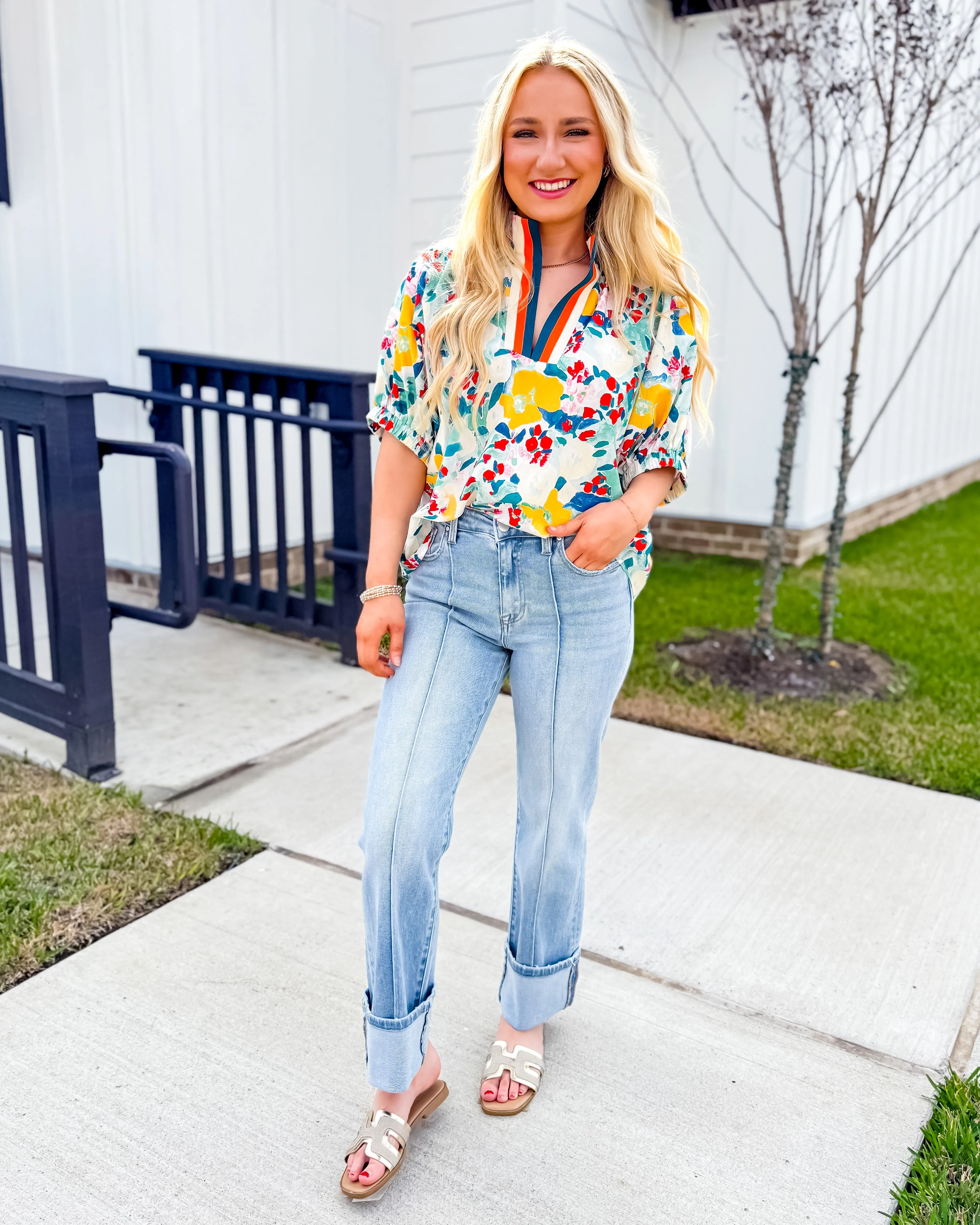 Floral Print Dolman Sleeve Top With Multicolor Collar