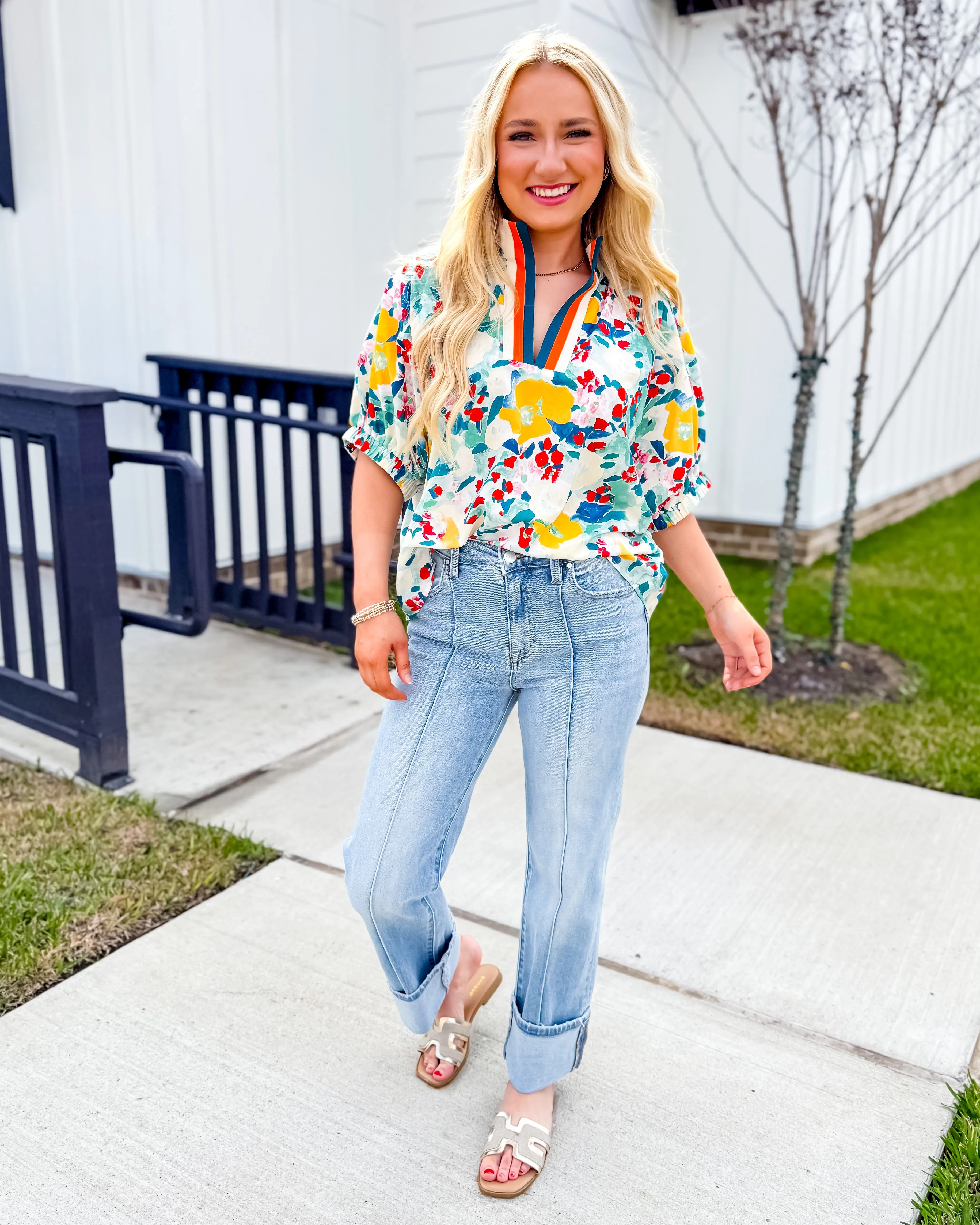 Floral Print Dolman Sleeve Top With Multicolor Collar