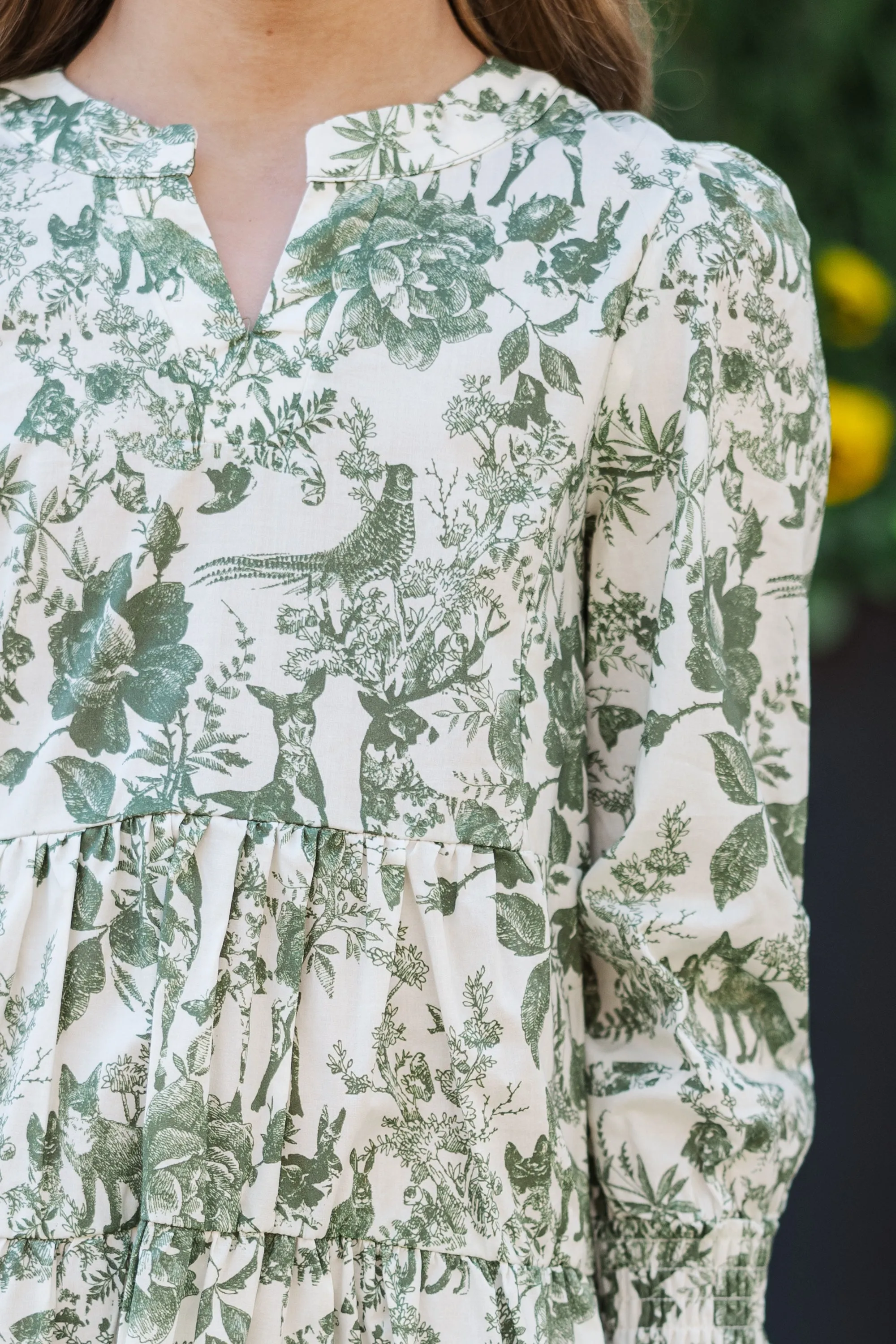 Girls: What A Surprise Olive Green Toile Midi Dress
