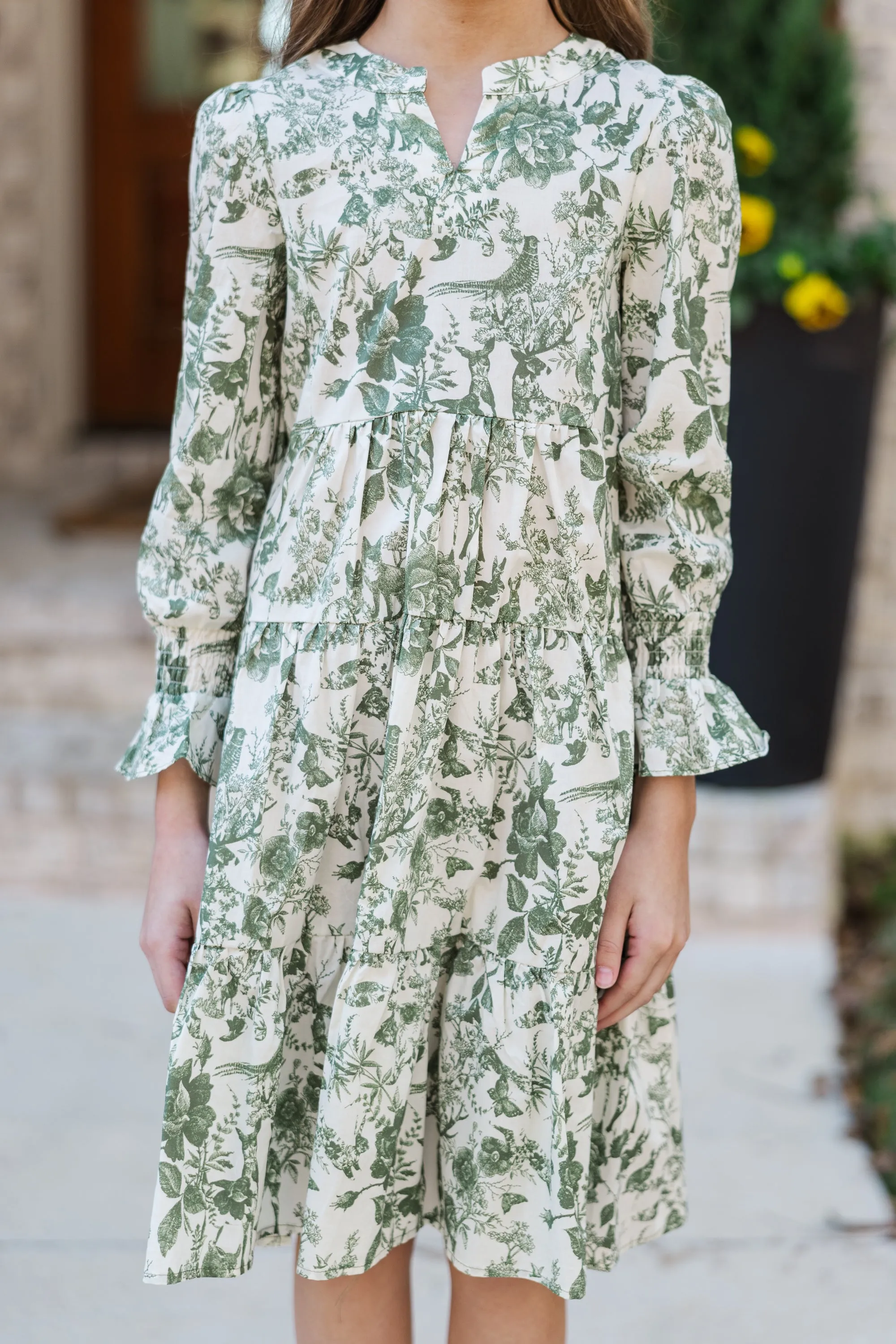 Girls: What A Surprise Olive Green Toile Midi Dress
