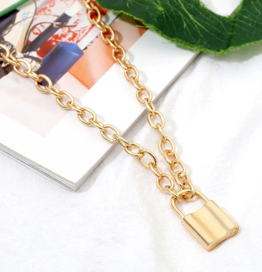 Gold Plated Lock Pendant Necklace