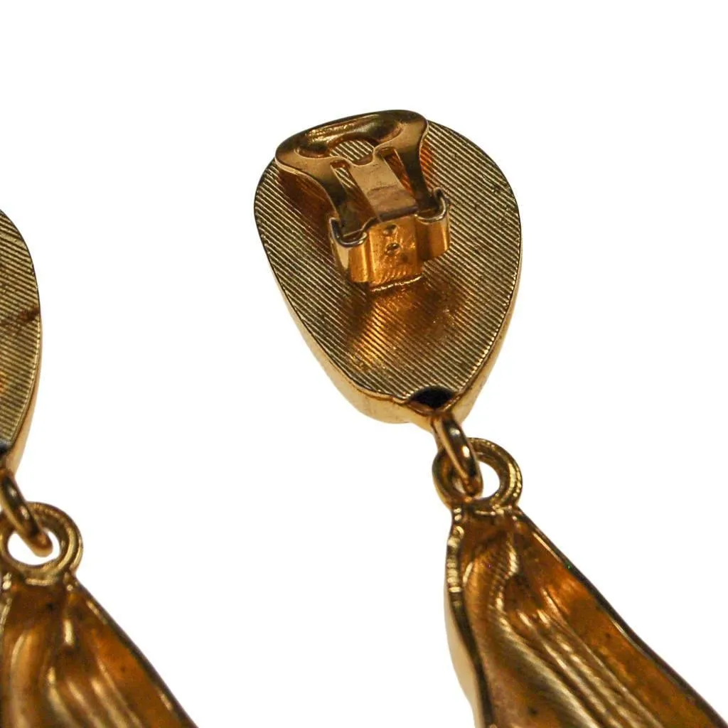Gold Tone Long Dangling Statement Earrings, 1970s, Clip On