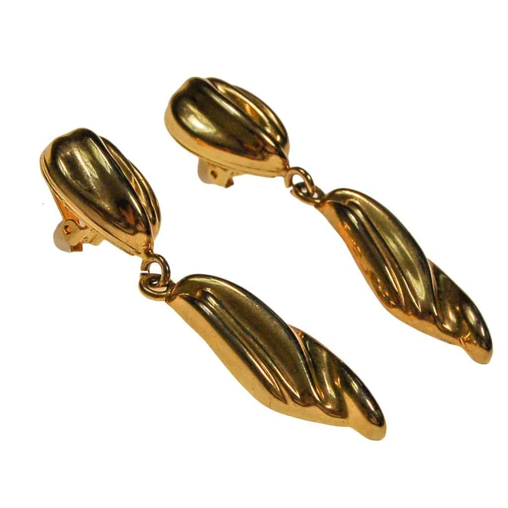 Gold Tone Long Dangling Statement Earrings, 1970s, Clip On